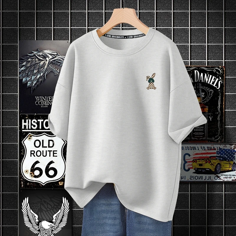 美式重磅短袖T恤男夏季奢侈兔印花体恤宽松纯棉街头ins潮牌上衣
