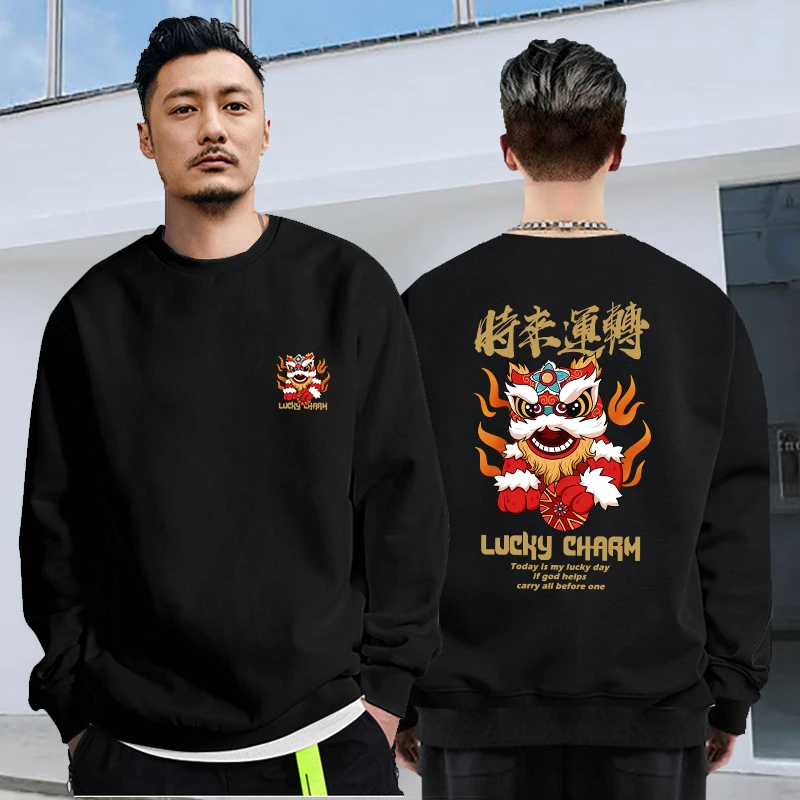 国潮醒狮2024新款圆领卫衣男士无帽上衣秋冬季春秋款舞狮潮牌外套