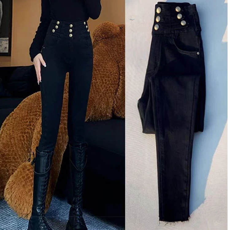 D8059 秋冬高腰三排扣加绒黑色修身显瘦小脚裤