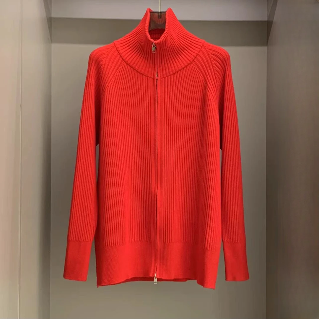 241015 立领双向拉链坑条纯色针织开衫