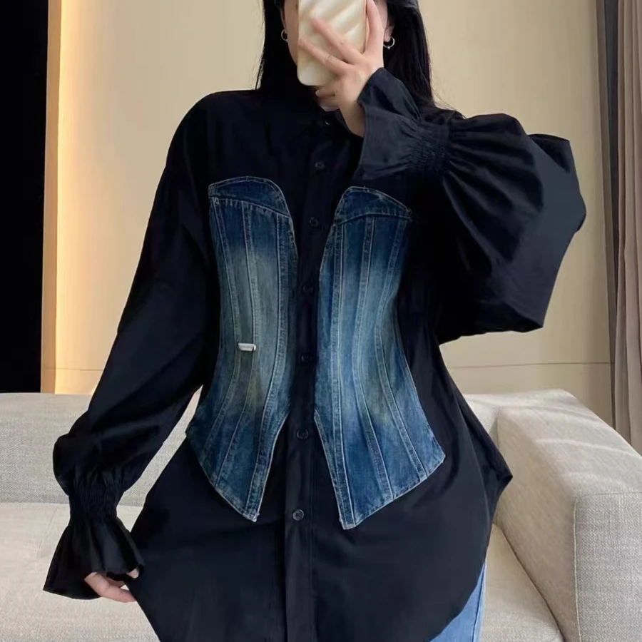 88318秋冬2024新款设计感长袖拼接收腰牛仔衬衫