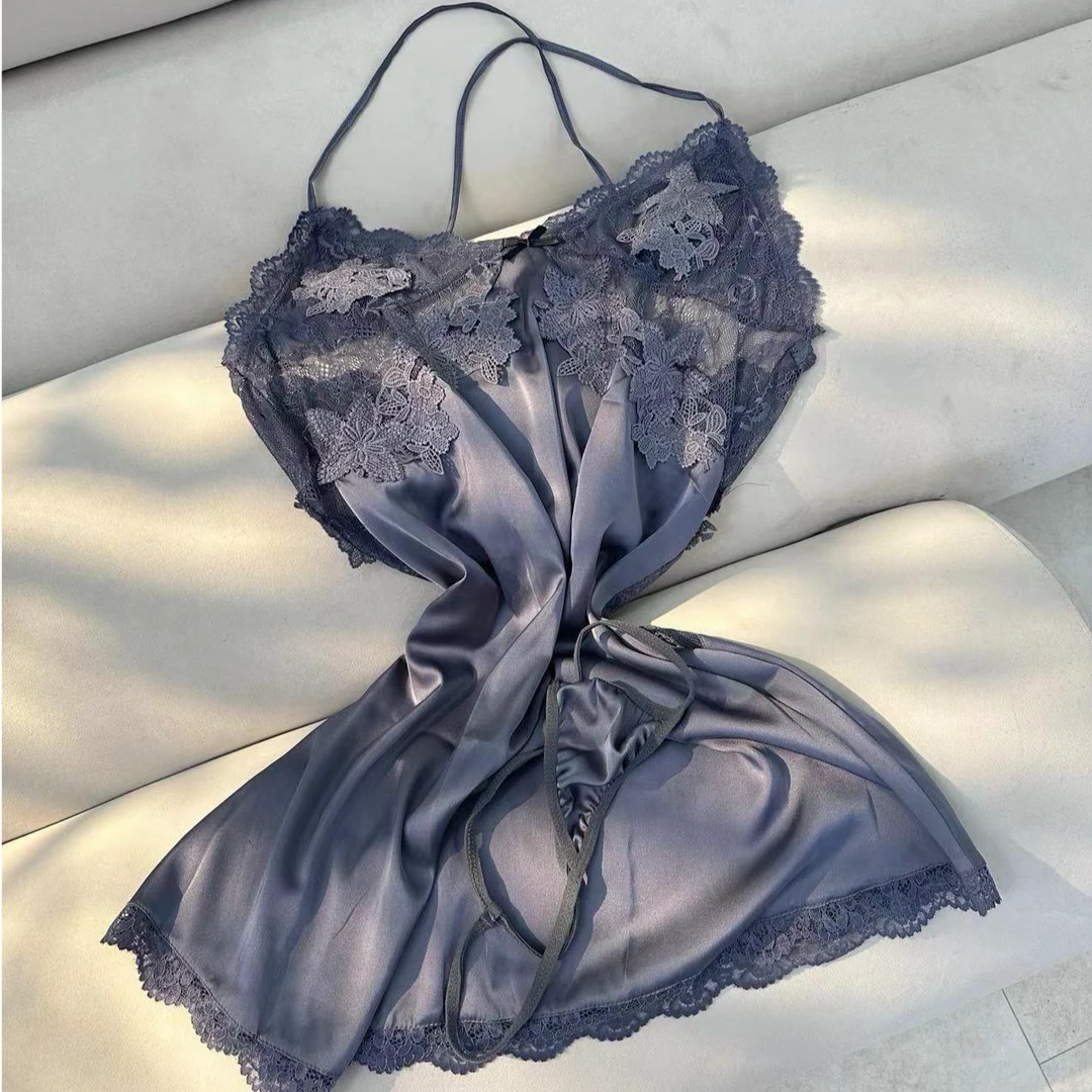 1170 高级感自带胸垫缎面吊带睡裙冰丝套装