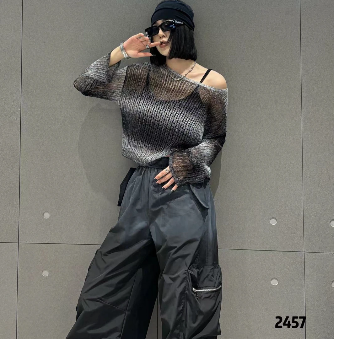 D2457 美式复古渐变色腰头松紧拉链裤脚可调节工装裤