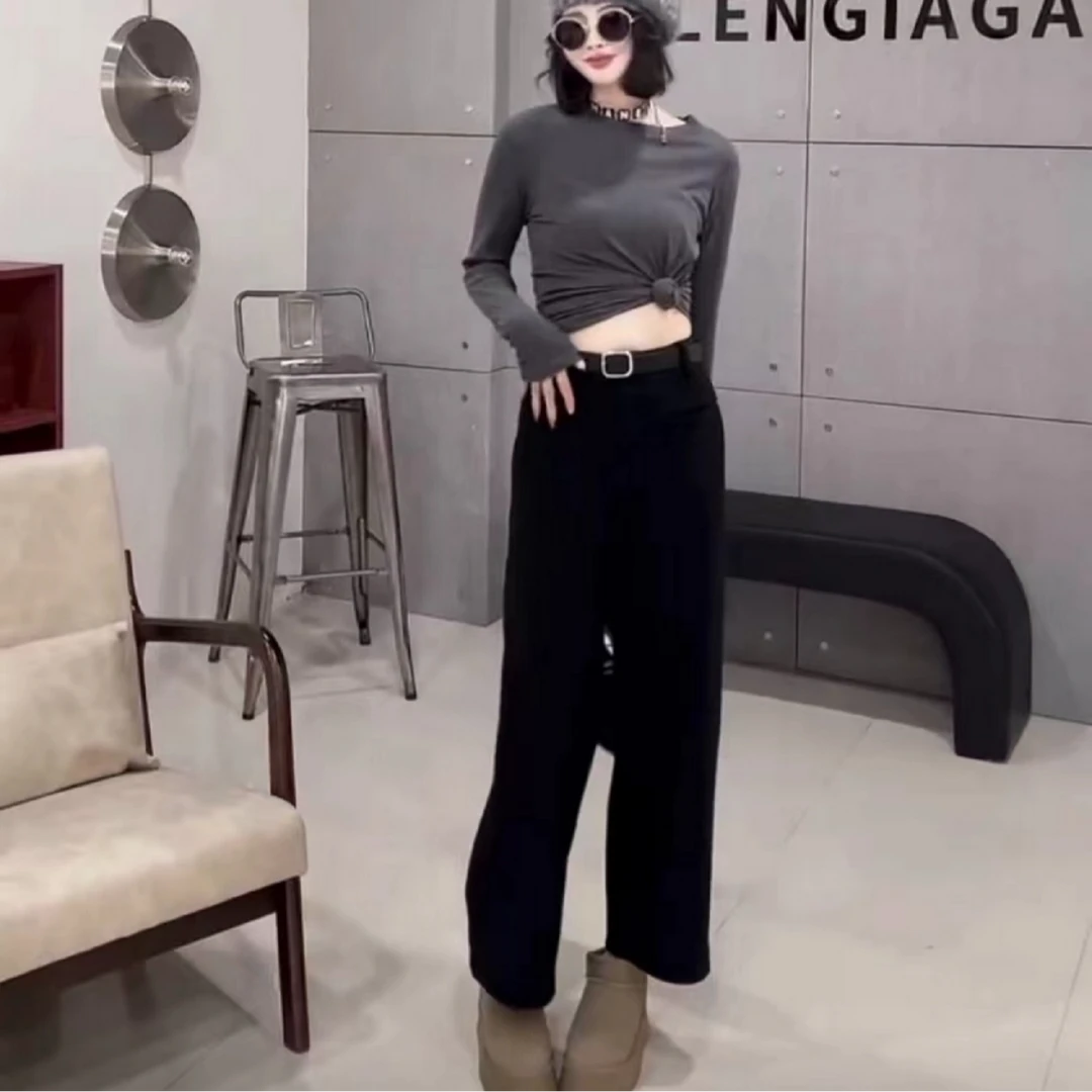 D9919 秋冬加绒加厚宽松休闲直筒垂感阔腿裤