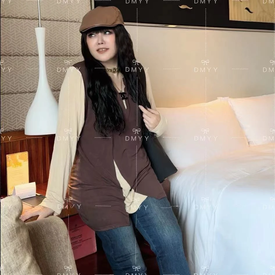 88231 韩系温柔风拼接设计感V领中长款长袖T恤