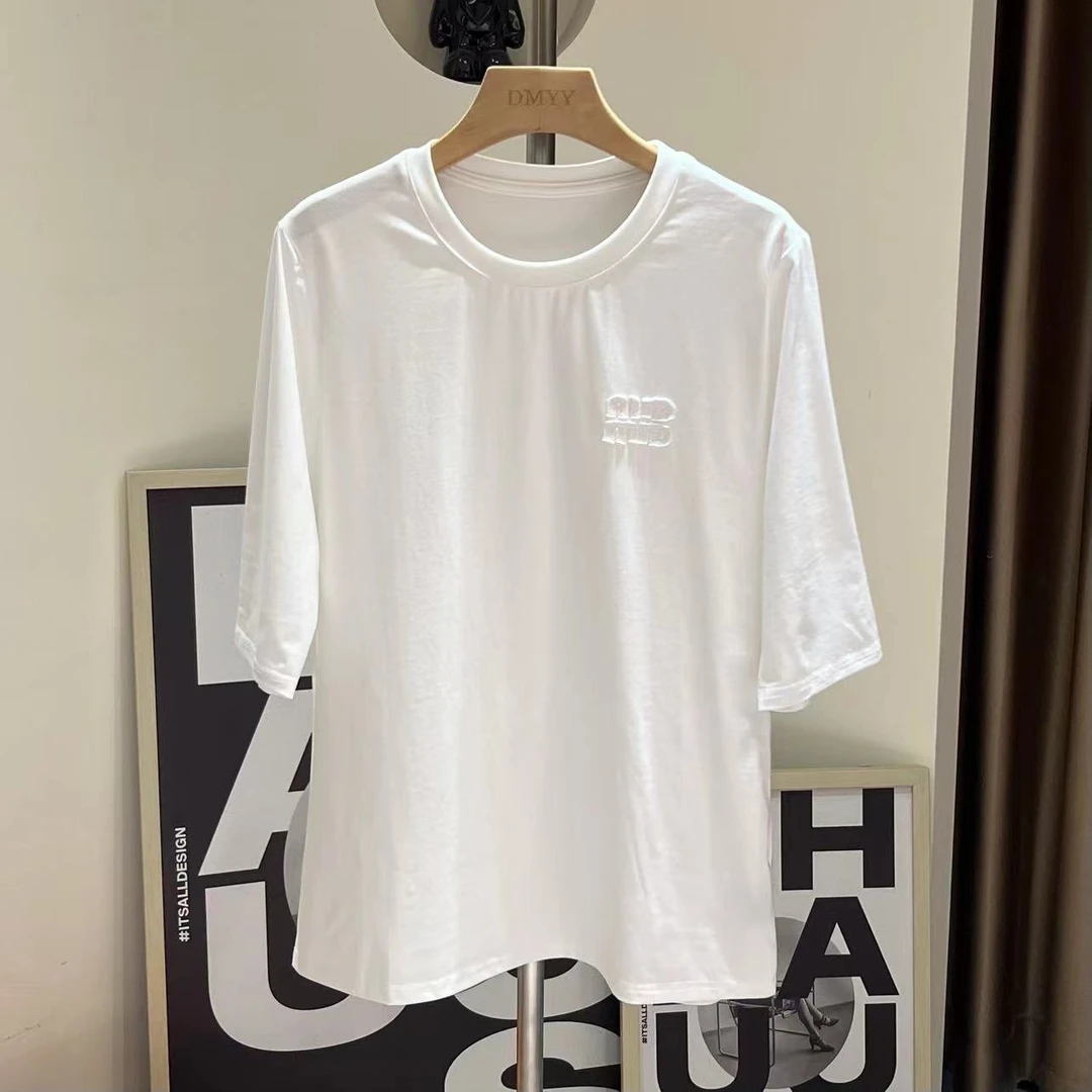 99661欧货小字母刺绣圆领宽松简约百搭打底T恤