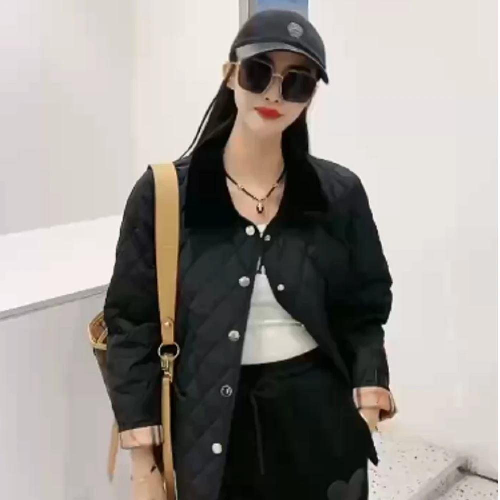 D6265 秋冬新款菱格轻薄拼色翻领休闲外套