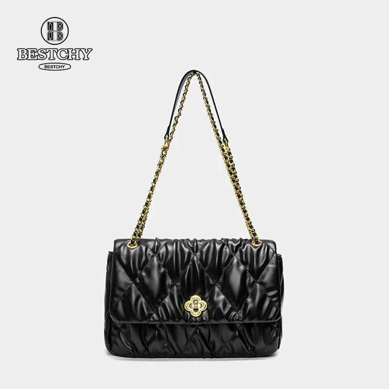 Bestchy/栢思琦轻奢时尚百搭女士黑色小众单肩菱格包1096黑