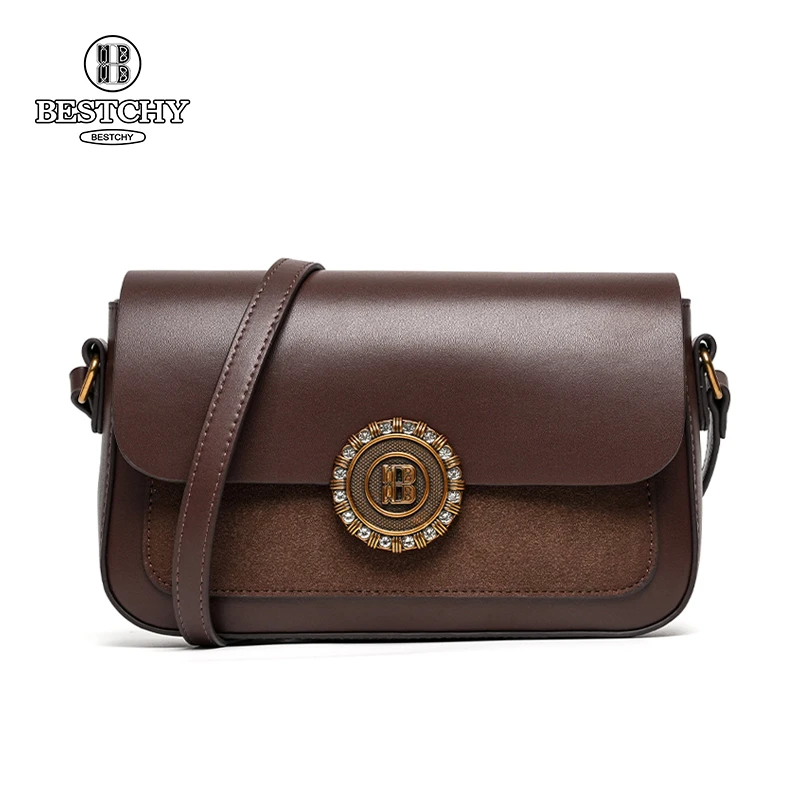 Bestchy/栢思琦轻奢时尚休闲百搭女士棕色单肩简约潮流邮差肩包