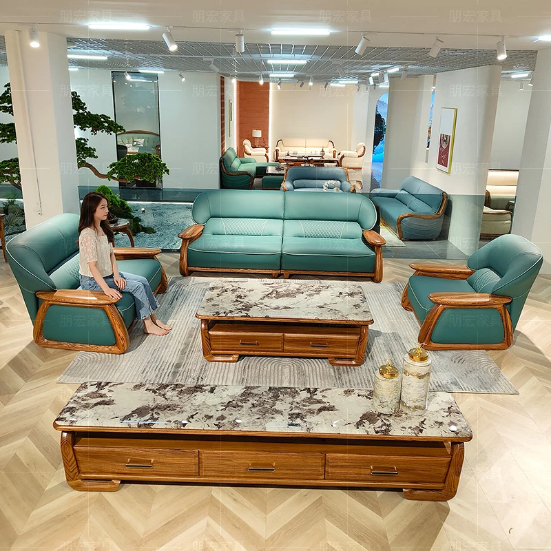 酒店茶几简约别墅头层牛皮奢华皮艺大乌金木沙发全屋家具聚福沙发