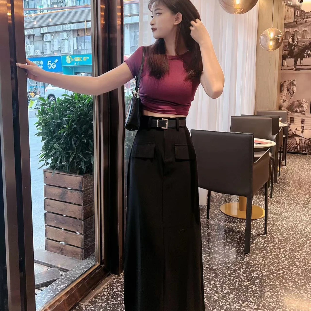 显瘦前假口袋西装半身裙气质时尚百搭优质休闲夏季小众设计感开叉