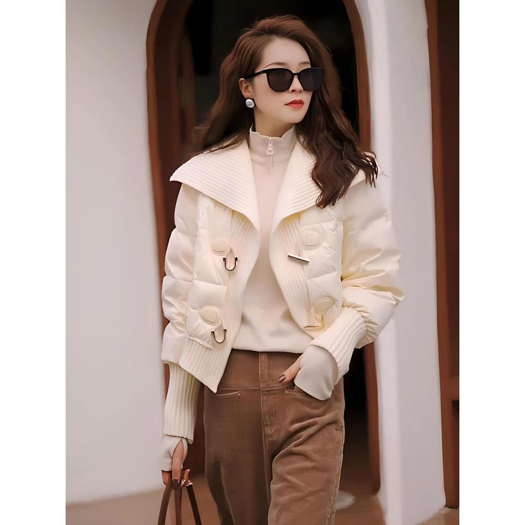 雅鹿翻领短款白色羽绒棉服女2023冬季新款小个子加厚时尚百搭保暖