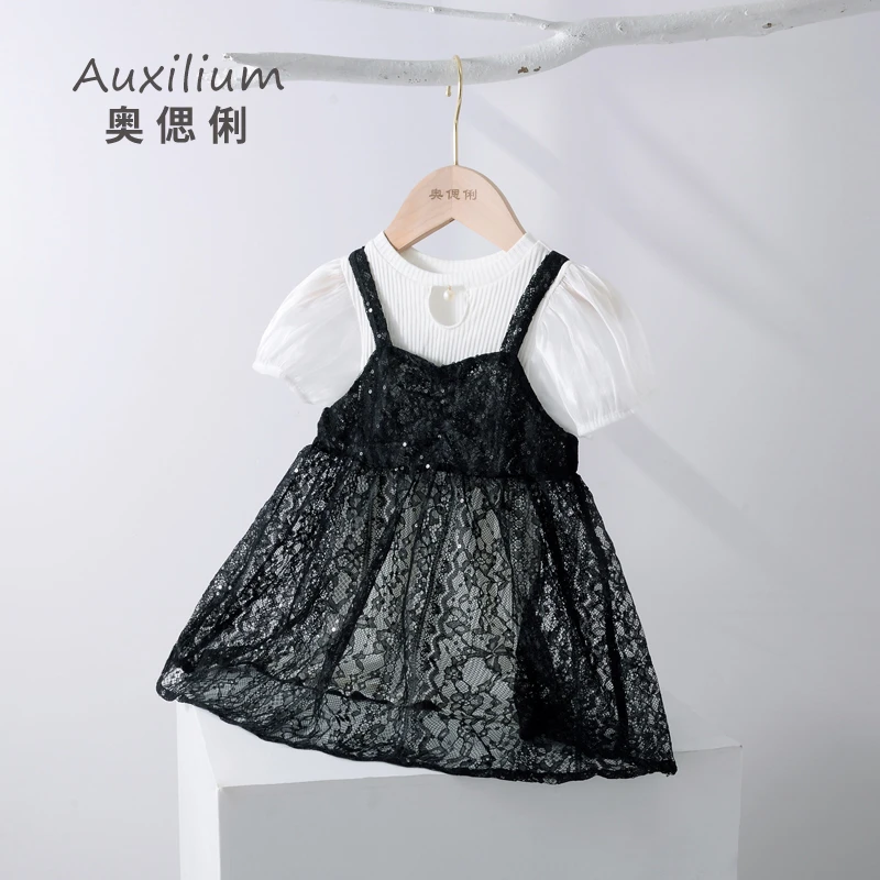 女童洋气夏季连衣裙儿童弹力T恤吊带两件套女宝宝公主裙QD00297