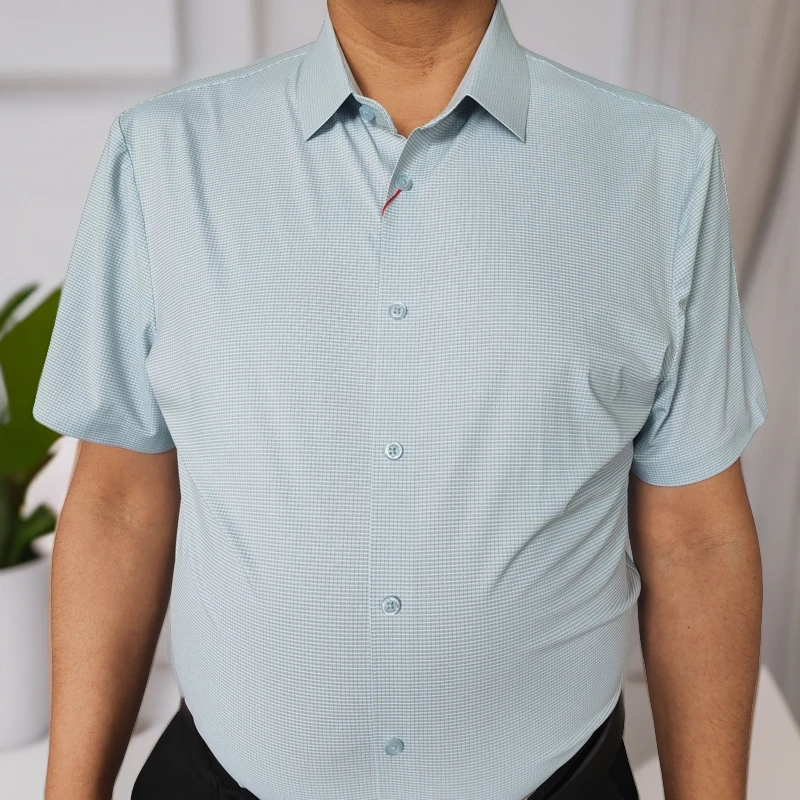 鹳雀楼冰丝上衣格子薄款短袖衬衫男士衬衣蓝色宽松夏季休闲条纹