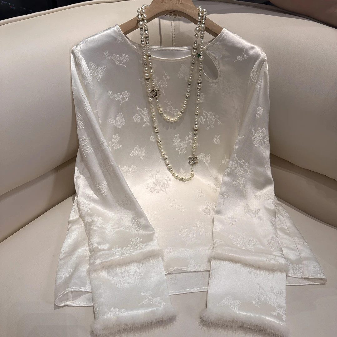 《深圳佐漫》Z0915花漫林 新中式桑蚕丝冠乐皱拼接水貂毛气质衬衫