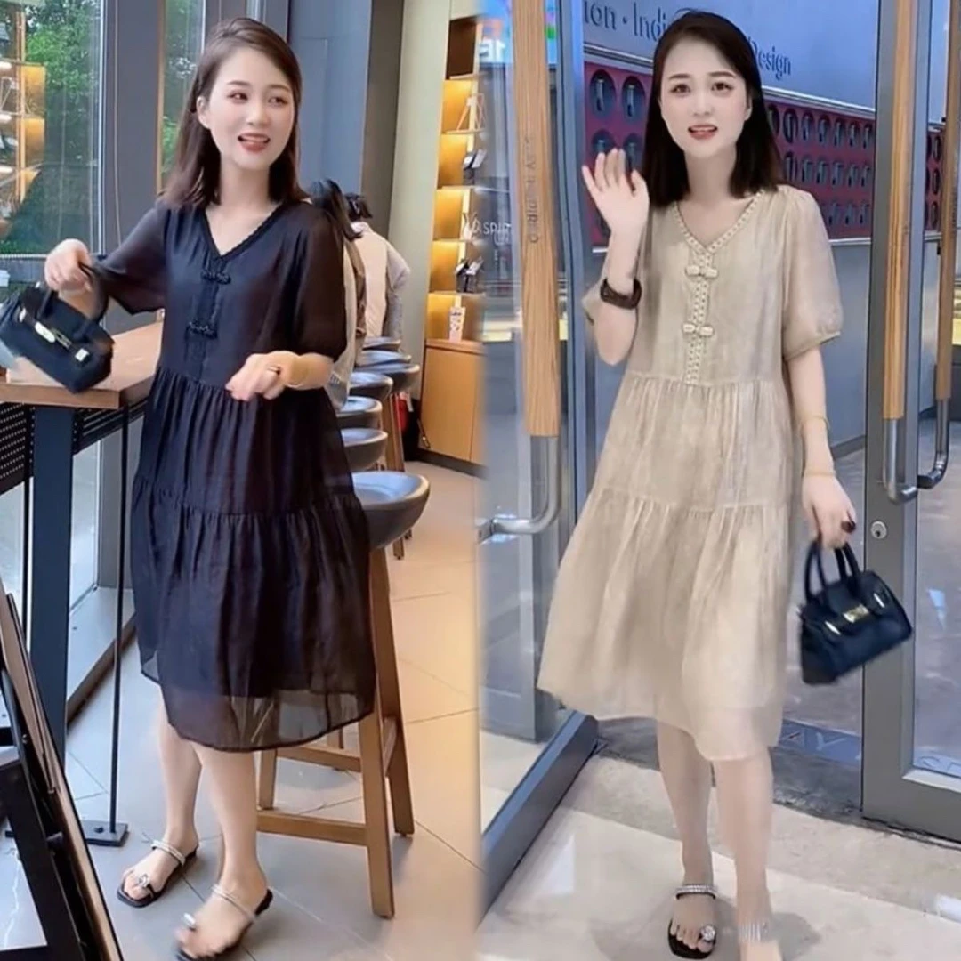 大码法式小众休闲纯色连衣裙女欧洲站夏季新款时尚气质显瘦中长裙