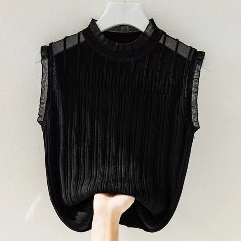 2024新款女背心打底白色纯色法式拼接内搭针织洋气无袖羊毛衫背心