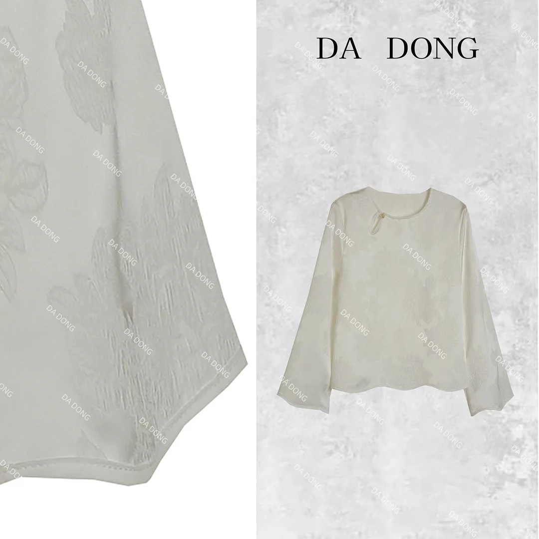 洛颜--中式时尚打底休闲百搭气质女士圆领提花长袖宽松休闲上衣