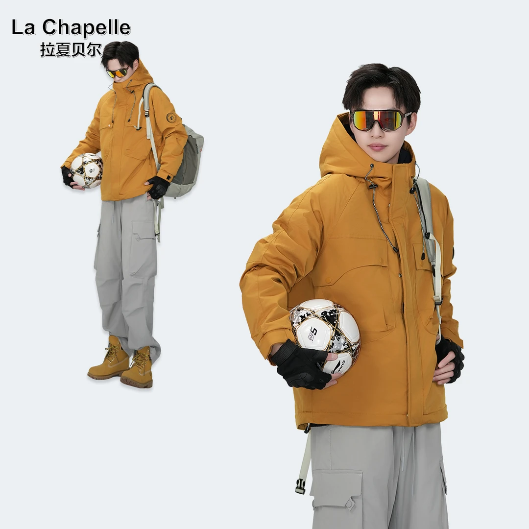 (拉夏贝尔)男女同款连帽冲锋棉服立体工装款百搭外套棉衣W0001