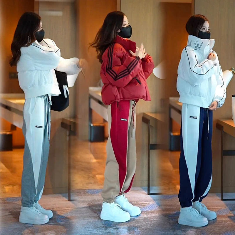 高端立领短款宽松棉服外套加绒加厚束脚卫裤两件套装韩版微胖显瘦