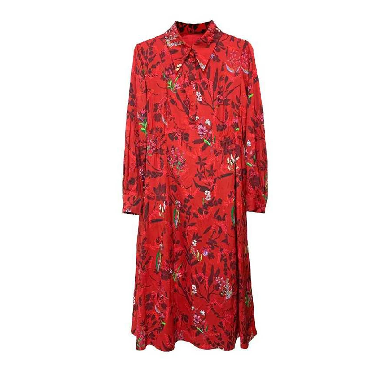 【晨晨精选】复古经典翻领收腰显瘦压褶薄款衬衫连衣裙KM1L922HE