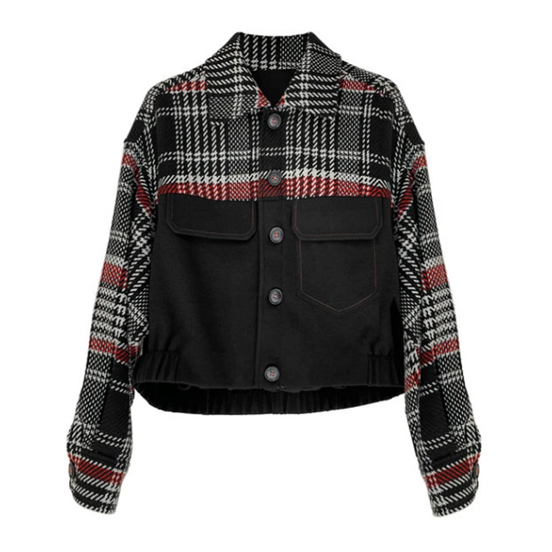 【Susie】卡汶小香风翻领拼接撞色千鸟格口袋宽松短外套KM4E616TE