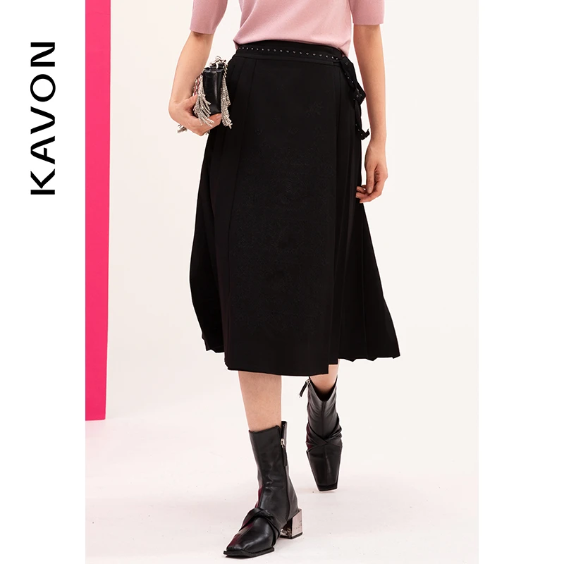 【Susie】卡汶复古优雅提花暗纹铆钉绑带压褶显瘦A字半裙KL1A707AE