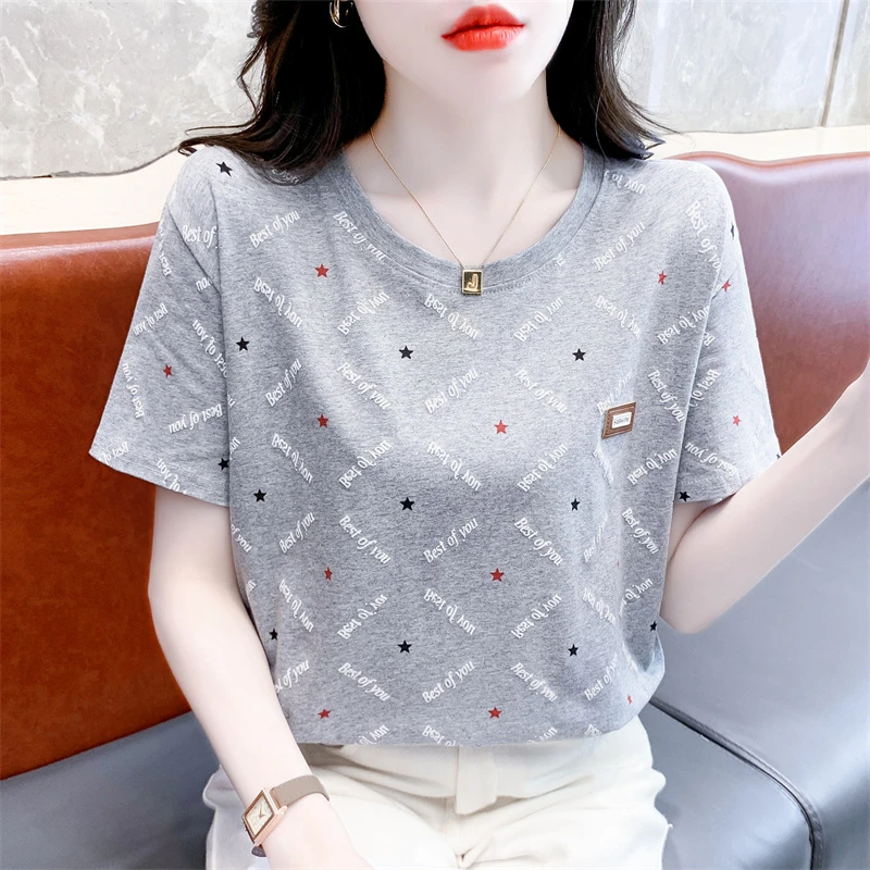 短袖t恤女纯棉夏装宽松洋气印花圆领时尚体恤百搭显瘦女士上衣服