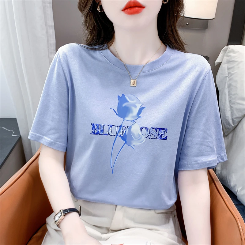 正肩短袖女T恤韩版女士夏装新款圆领印花显瘦体恤漂亮宽松上衣ins