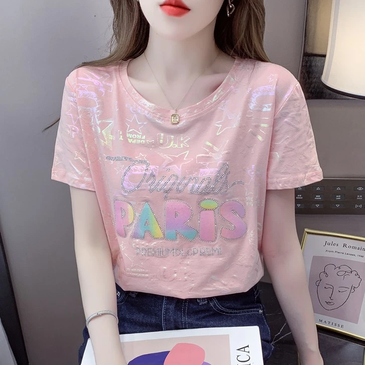 重工烫钻短袖T恤女2024夏新款宽松显瘦白色百搭体恤正肩上衣
