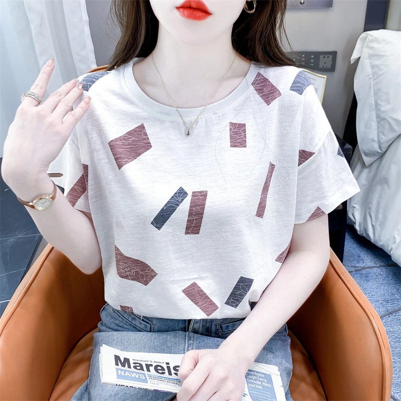 时尚印花圆领短袖T恤女夏装新款韩版宽松显瘦半袖设计感小众上衣