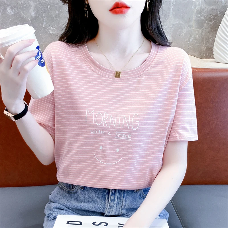 女士t恤短袖夏装新款韩版时尚字母印花粉色体恤粉色条纹上衣ins潮