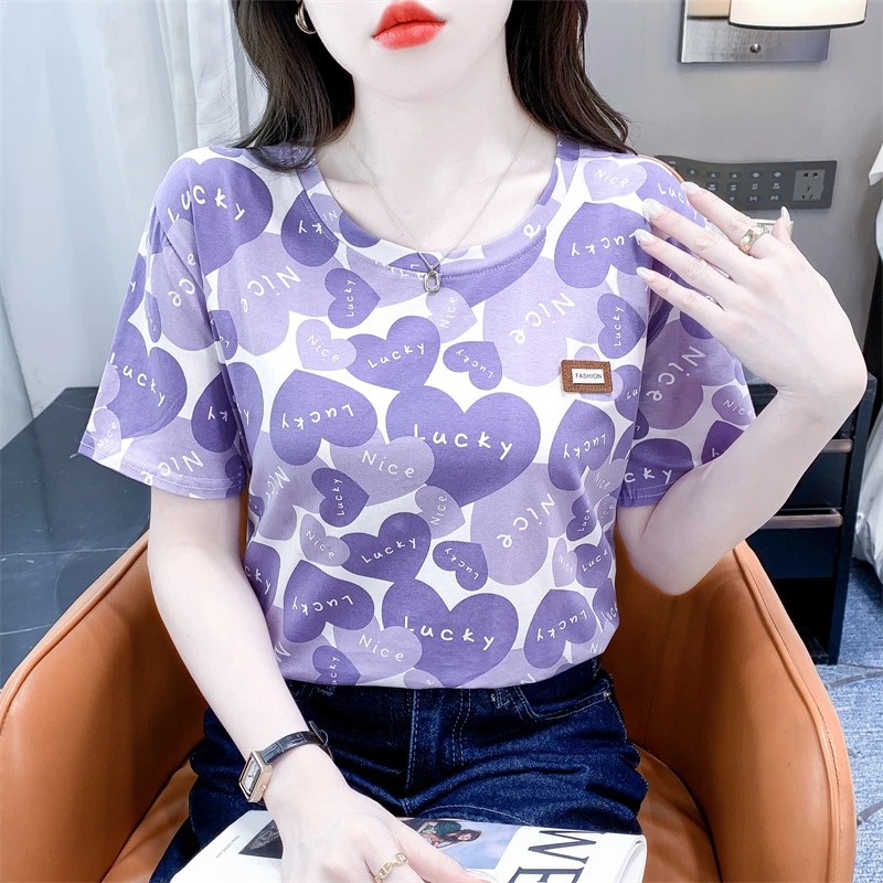 时尚爱心印花短袖t恤女夏季新款宽松显瘦休闲百搭圆领体恤上衣服