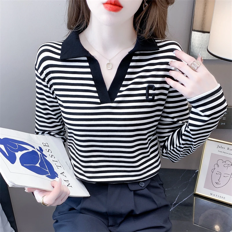时尚polo衫条纹长袖t恤女士春秋新款修身显瘦百搭洋气打底衫上衣