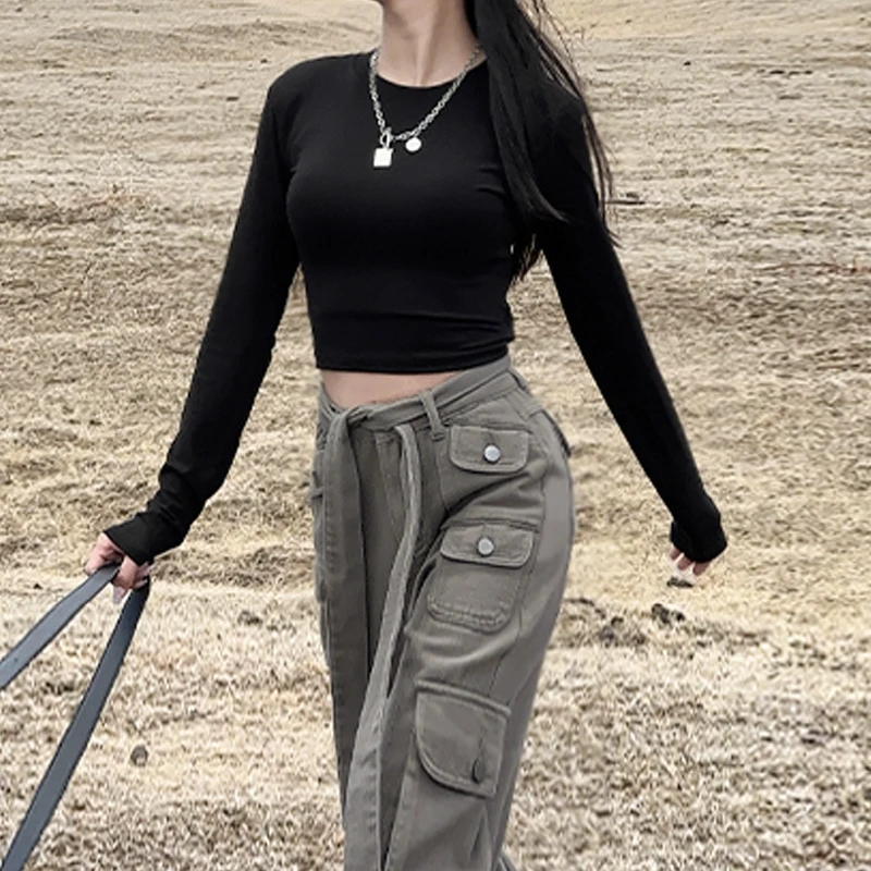 小个子高腰打底衫t恤2025新款百搭内搭长袖紧身上衣女纯色设计感