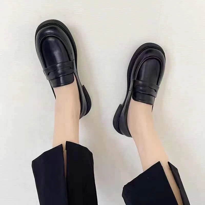 238复古英伦风黑色圆头女鞋乐福鞋【跟高2.5左右）百搭