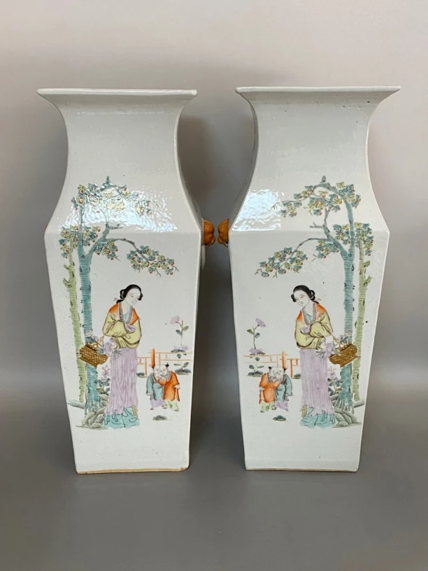 粉彩仕女人物四方瓶客厅瓷器摆件陶瓷摆件陶瓷，全品