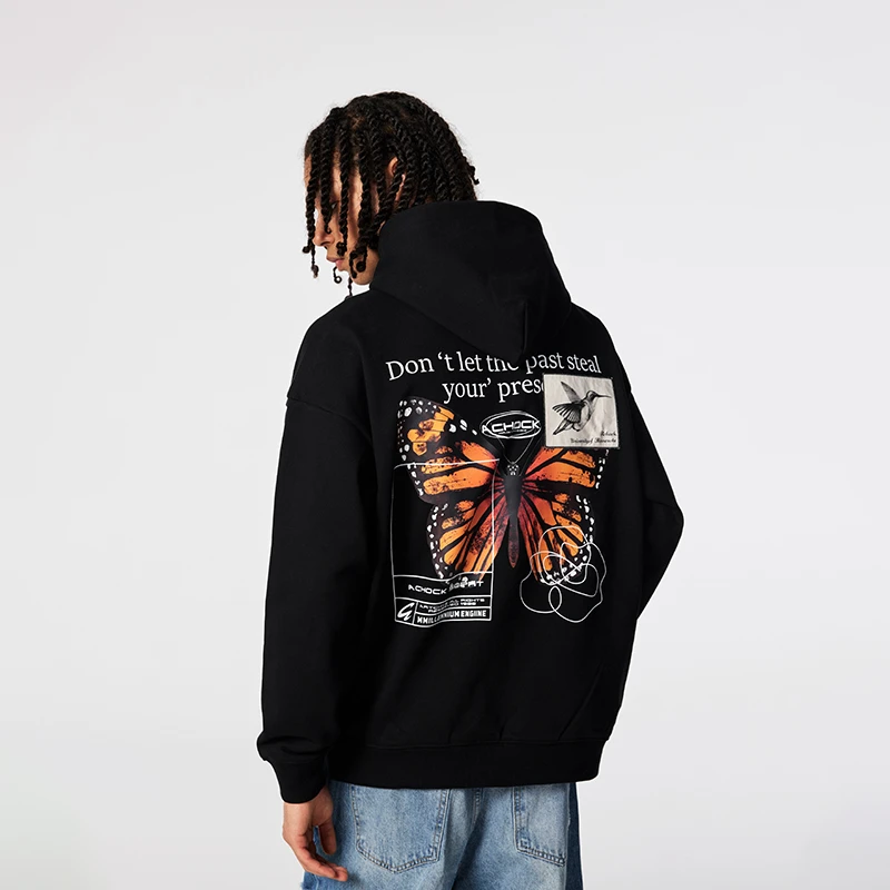 【Achock官方店】美式复古连帽卫衣男女设计感蝴蝶印花贴布外套潮