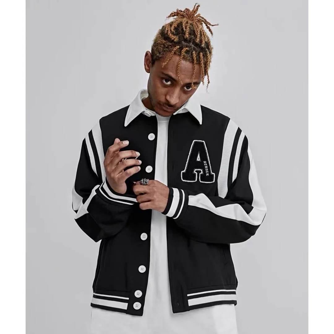 Achock原创个性螺纹拼接袖棒球服美式高街风毛巾绣植绒单排扣夹克