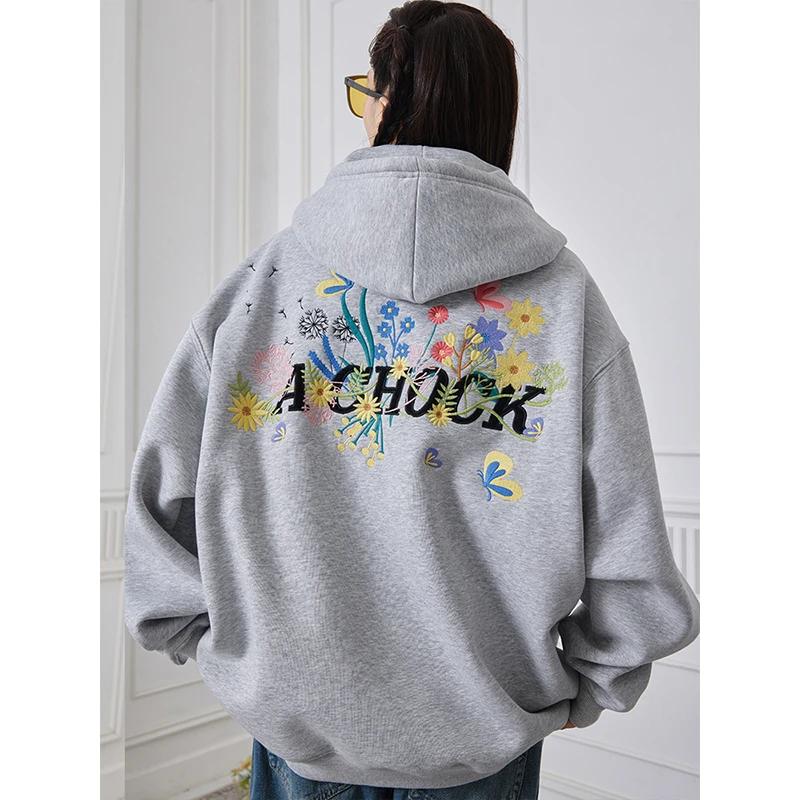 Achock花卉刺绣重磅开衫卫衣春秋ins秋冬韩版百搭连帽宽松加绒