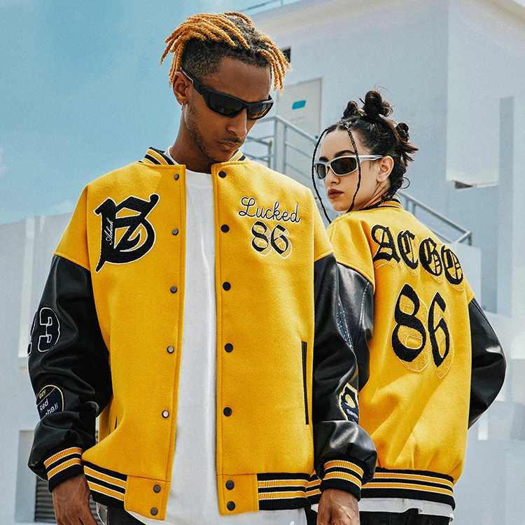 Achock美式休闲经典植绒刺绣重磅复古夹克外套潮pu皮单排扣棒球服