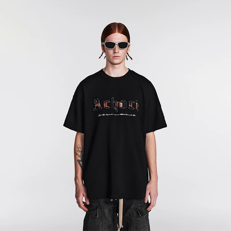 【Achock官方店】美式复古街头镂空格子字母刺绣T潮牌圆领短袖男