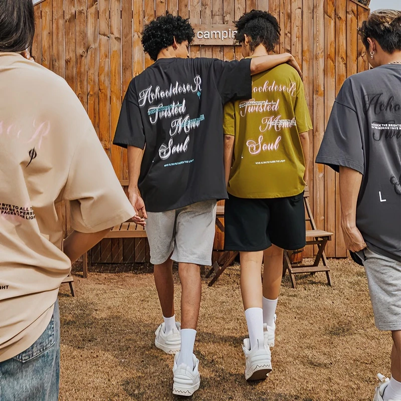 【Achock官方店】美式街头幻影印花刺绣t恤复古情侣五分袖短袖男