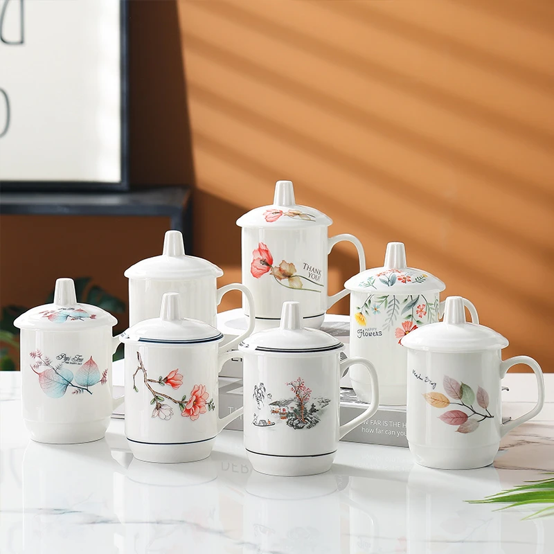 陶瓷茶杯办公室盖杯餐厅酒店马克杯带盖家用简约耐高温水杯子