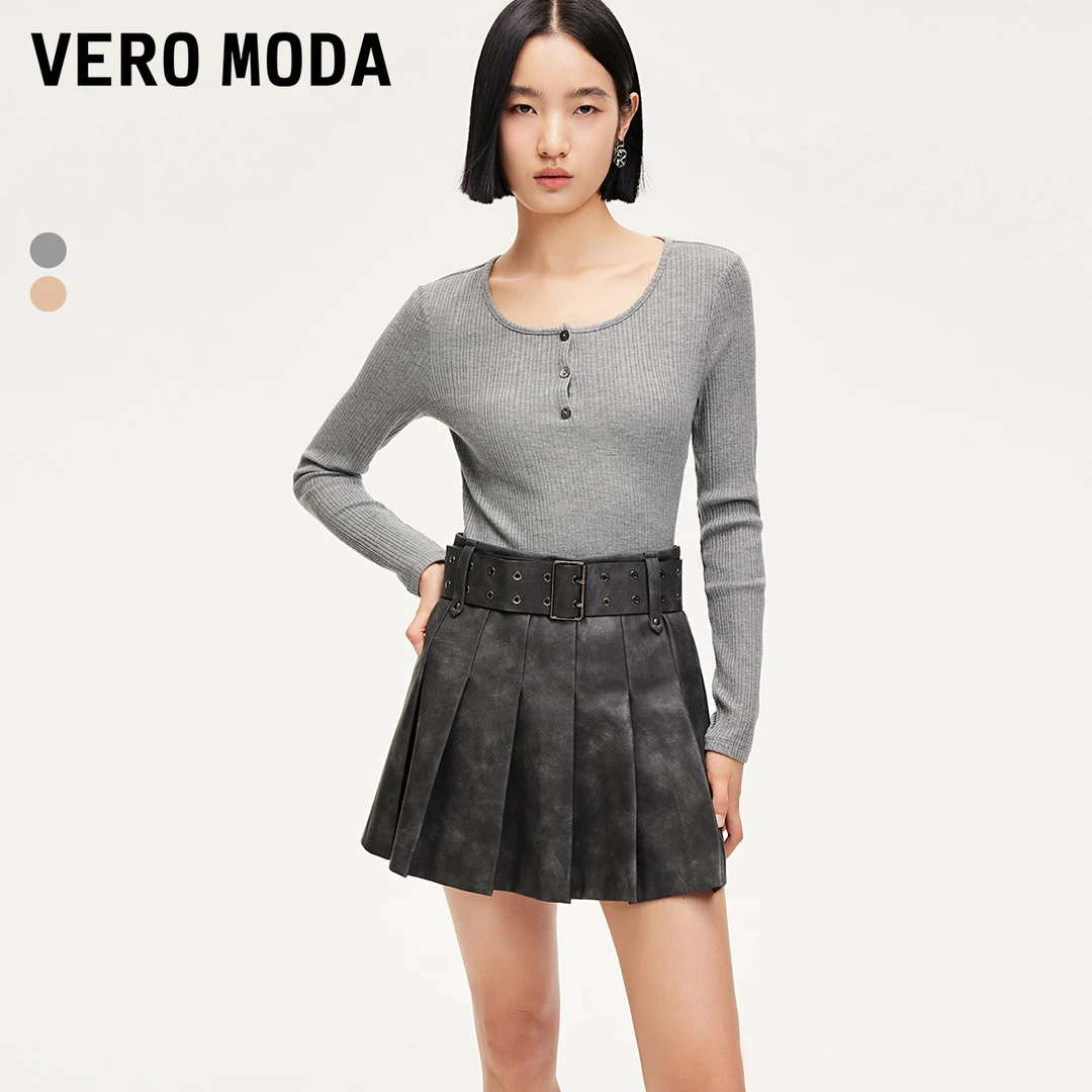 Vero ModaT恤女洋气早秋新款弹性针织圆领竖坑条打底衫衣服游