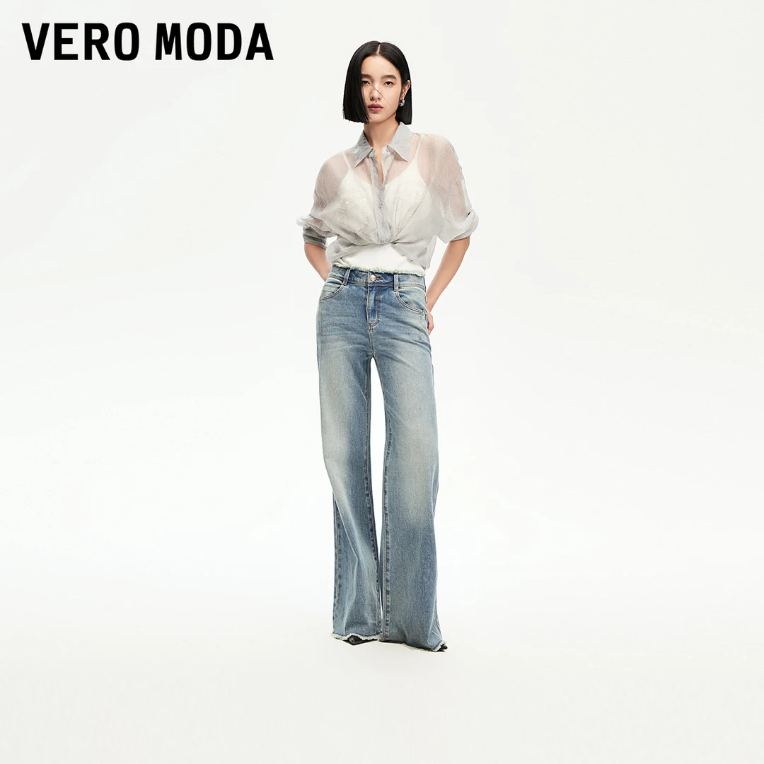 Vero Moda牛仔裤女早秋新款高腰毛边水洗loose版型洋气休闲装