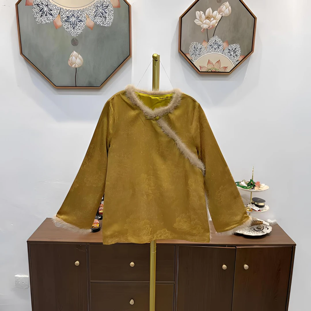 国风貂毛边拼接提花上衣女秋冬季新款新中式民族风斜襟圆领上衣