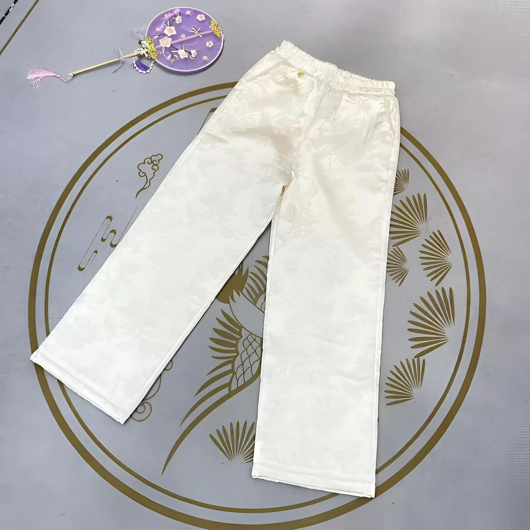 新中式国风提花垂感直筒裤女冬季加棉2024新款松紧腰显瘦阔腿裤