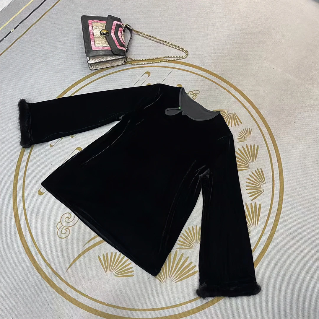 国潮风丝绒拼接貂毛打底衫女长袖高端百搭气质纯色内搭衬衫