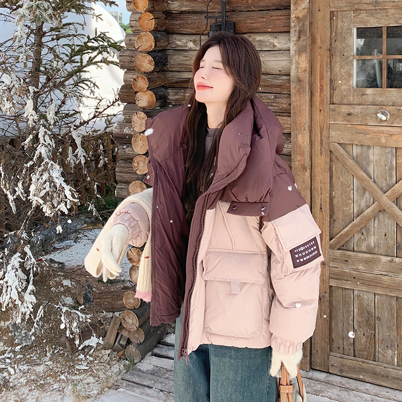 粉色拼接羽绒服女2024冬超好看小个子学院风设计感小众加厚短外套